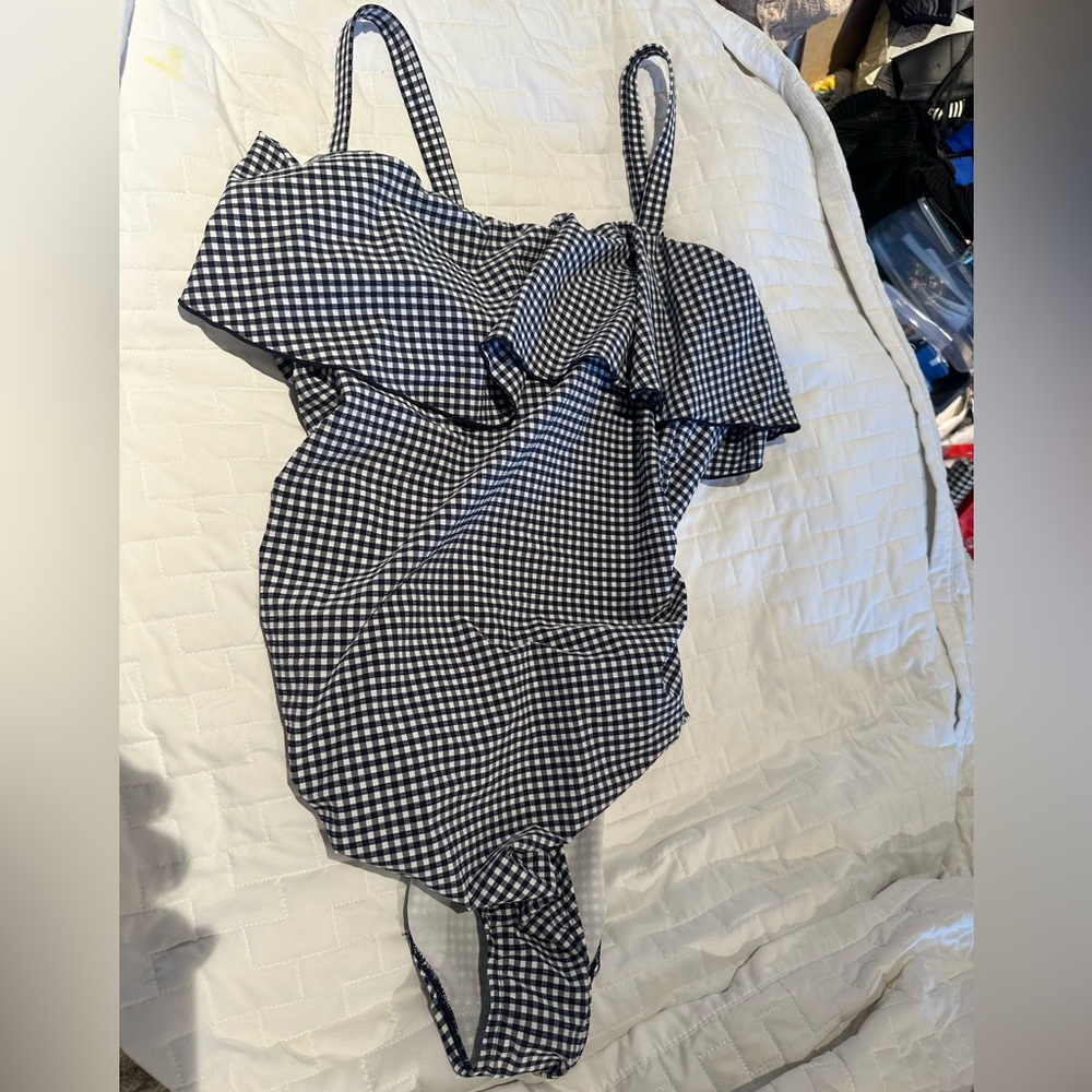 KONA SOL size 18W Gingham Ruffle One Piece NEW removeable straps NAVY $48